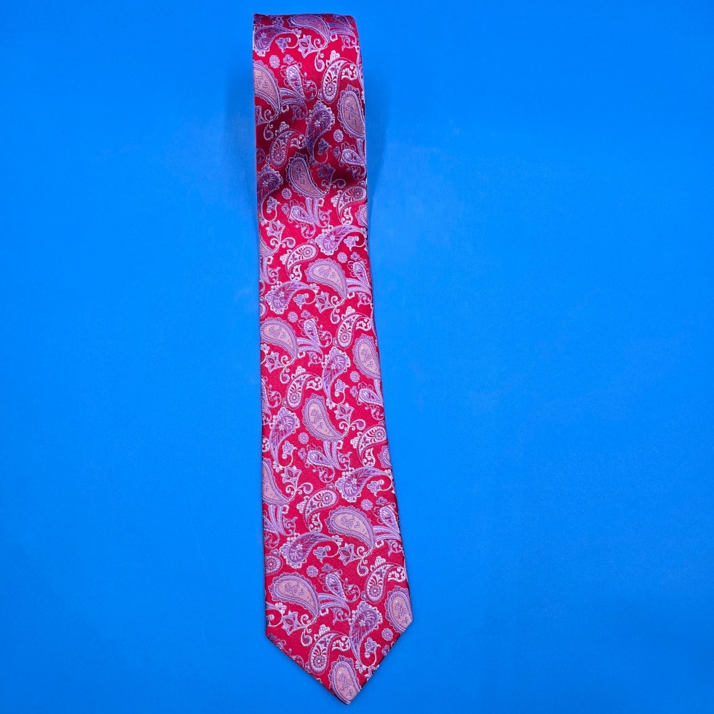 Krimson By Kwame Mens Red Lavender Paisley 100% Silk Handmade Necktie 3.25" Wide